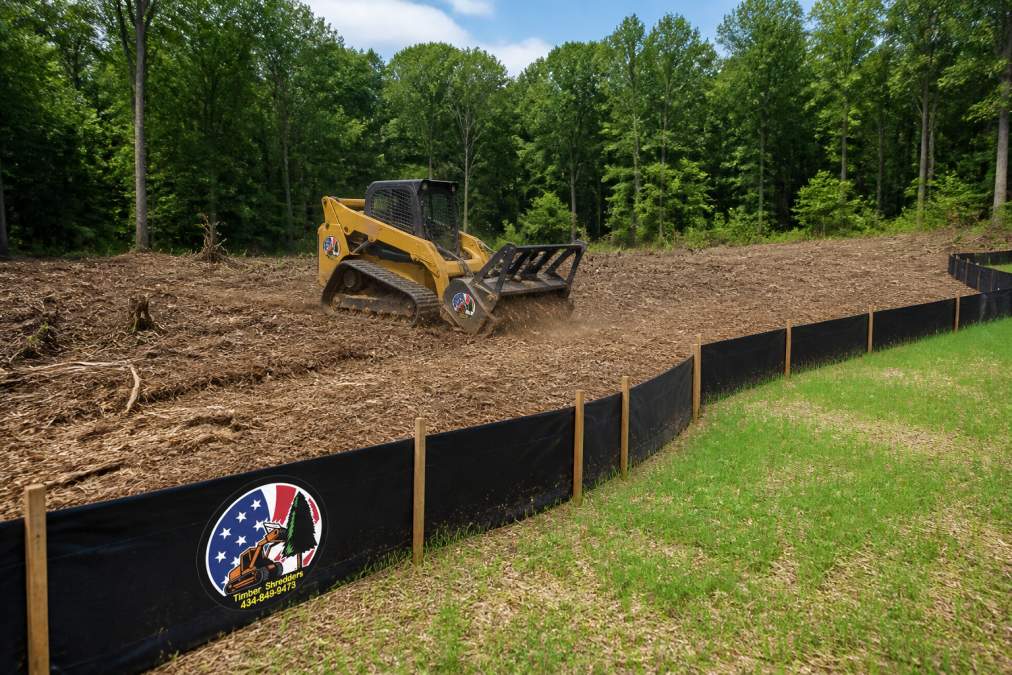 Forestry mulching equipment working on cleared land with erosion control measures visible, silt fencing and temporary seeding, in the background, showing professional site management in natural daylight