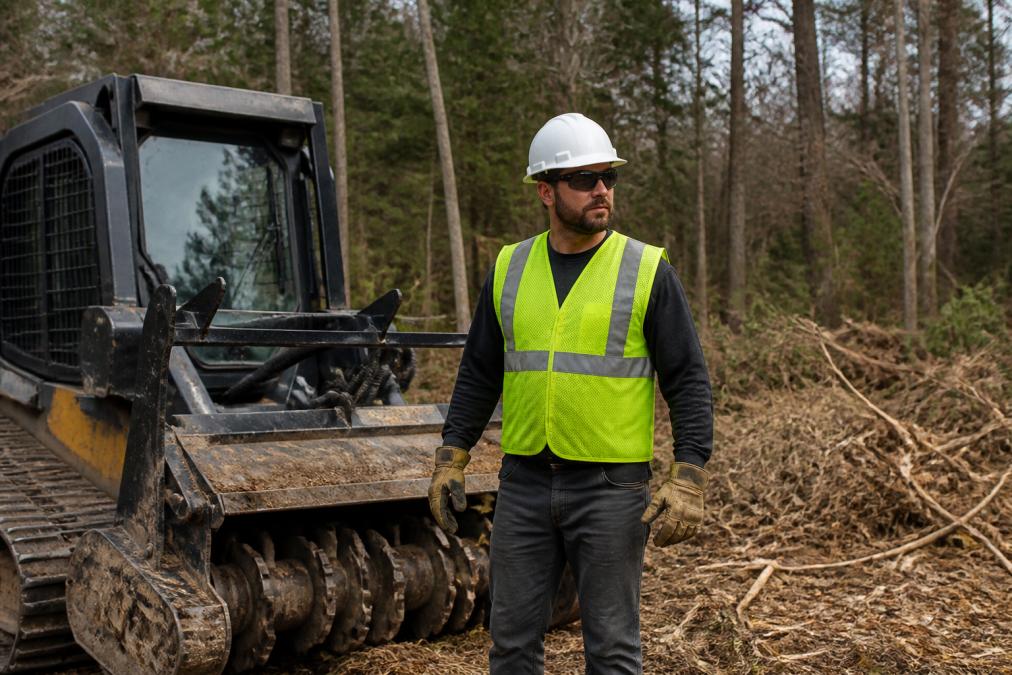 Worker in protective gear standing by a forestry mulcher to ensure land clearing safety in a wooded area