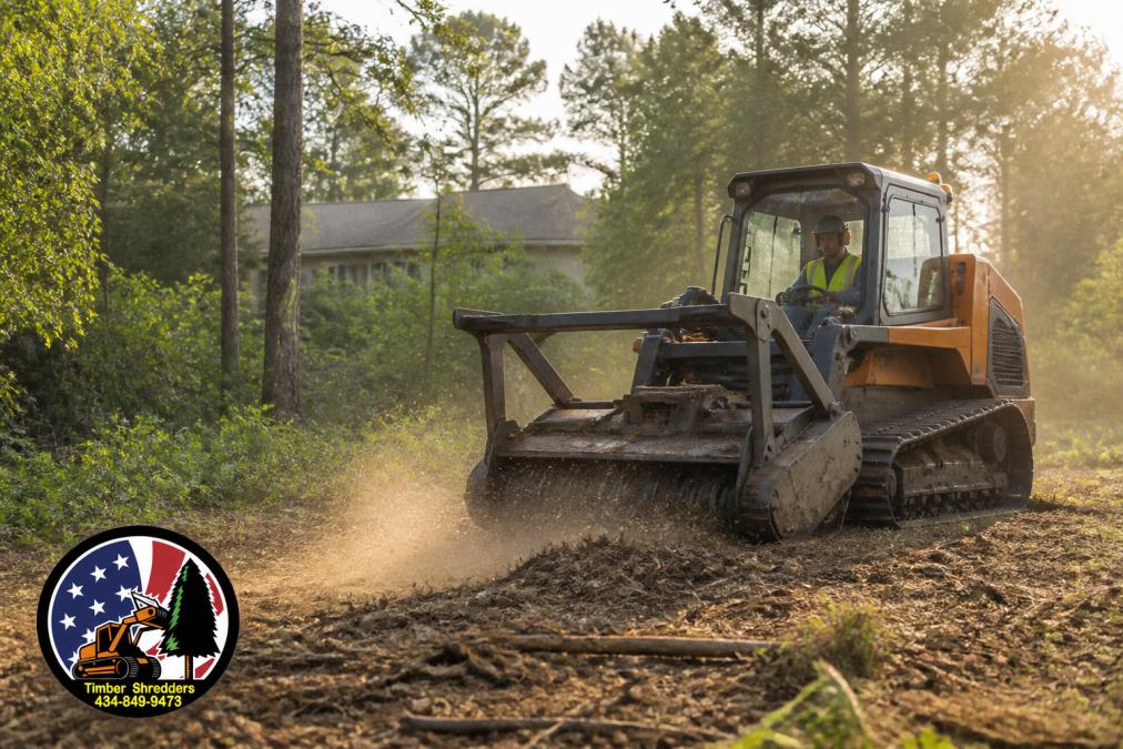 Forestry mulching equipment with tracked carrier operating on overgrown residential property, grinding standing trees and brush into mulch while operator monitors from enclosed cab in morning light