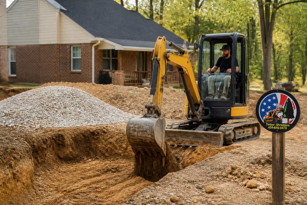 Compact excavator with operator visible in cab performing foundation digging on residential construction site, bucket removing soil while gravel and rock pile sits nearby on cleared ground