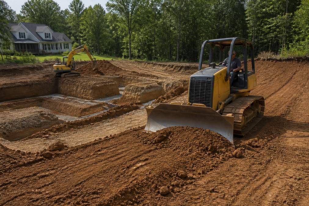 Wide view of a residential construction site where a machine operator grades a slope in the foreground with visible topsoil preparation, while excavated foundation trenches cut deep into the earth sit in the background under clear daylight
