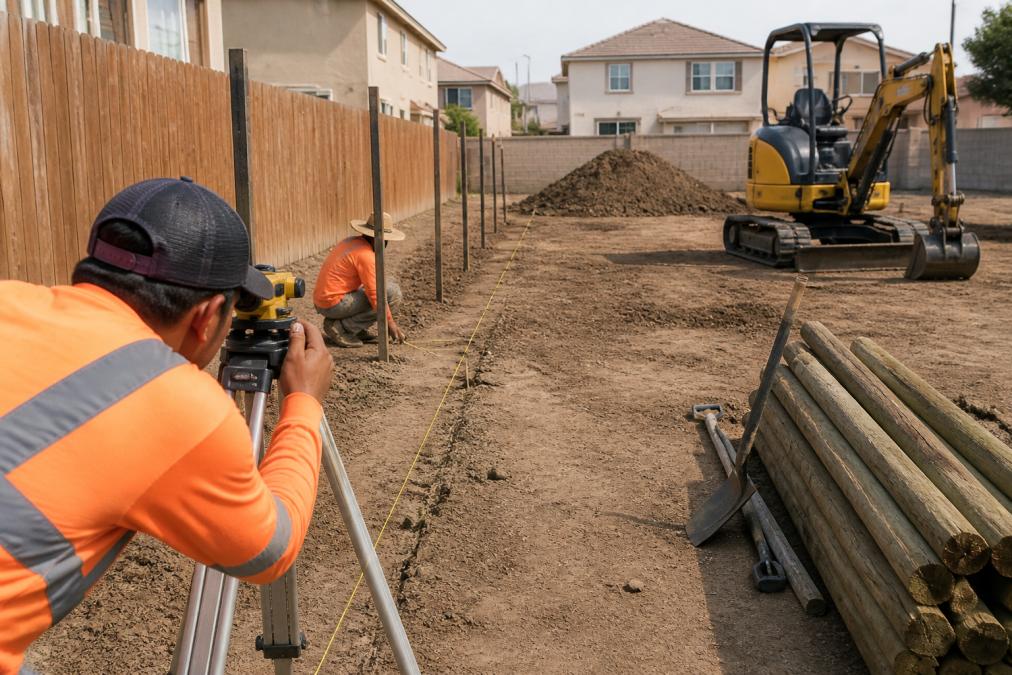 Crew using a laser level and string line for land leveling along a residential fence line with an excavator nearby.
