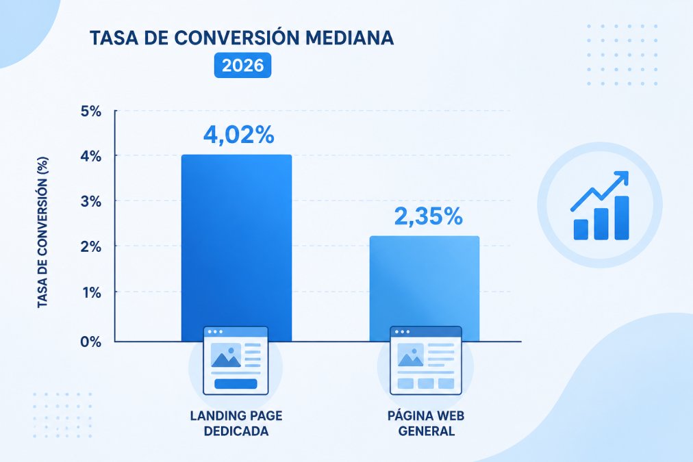 Gráfico comparativo de tasa de conversión entre landing page y embudo: 4,02% frente a 2,35% en datos de 2026.