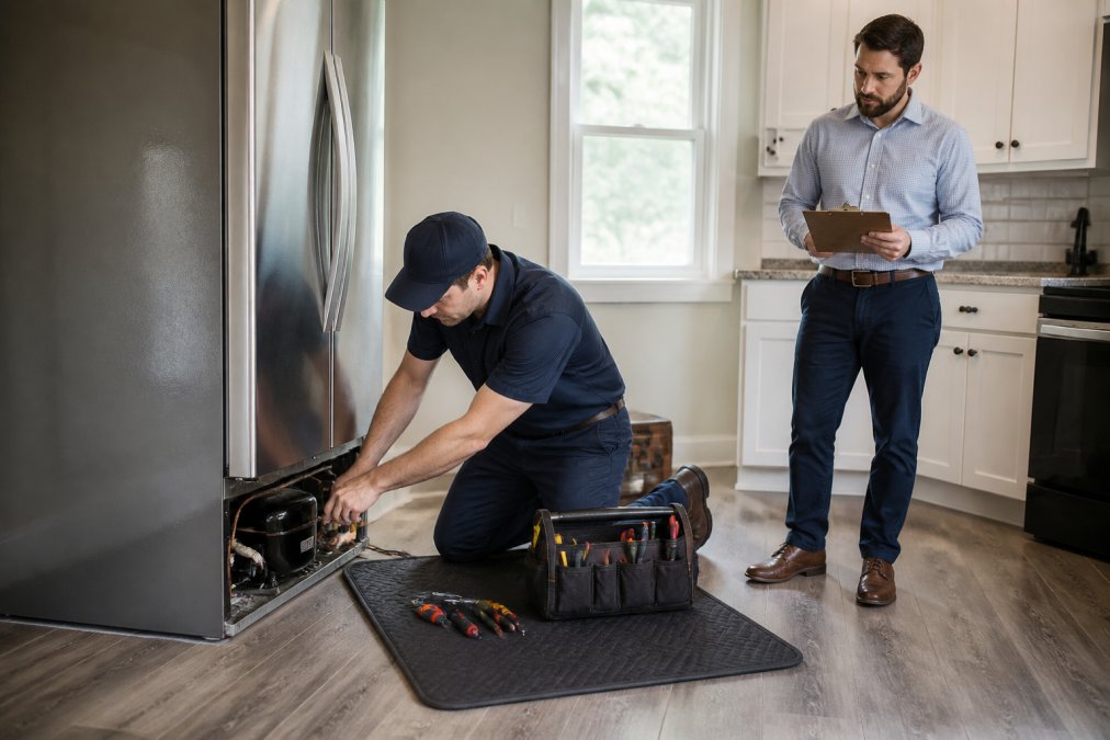 A professional appliance technician in uniform kneeling beside a refrigerator in a clean rental kitchen, tools laid out on a mat, checking connections while a landlord reviews a clipboard nearby