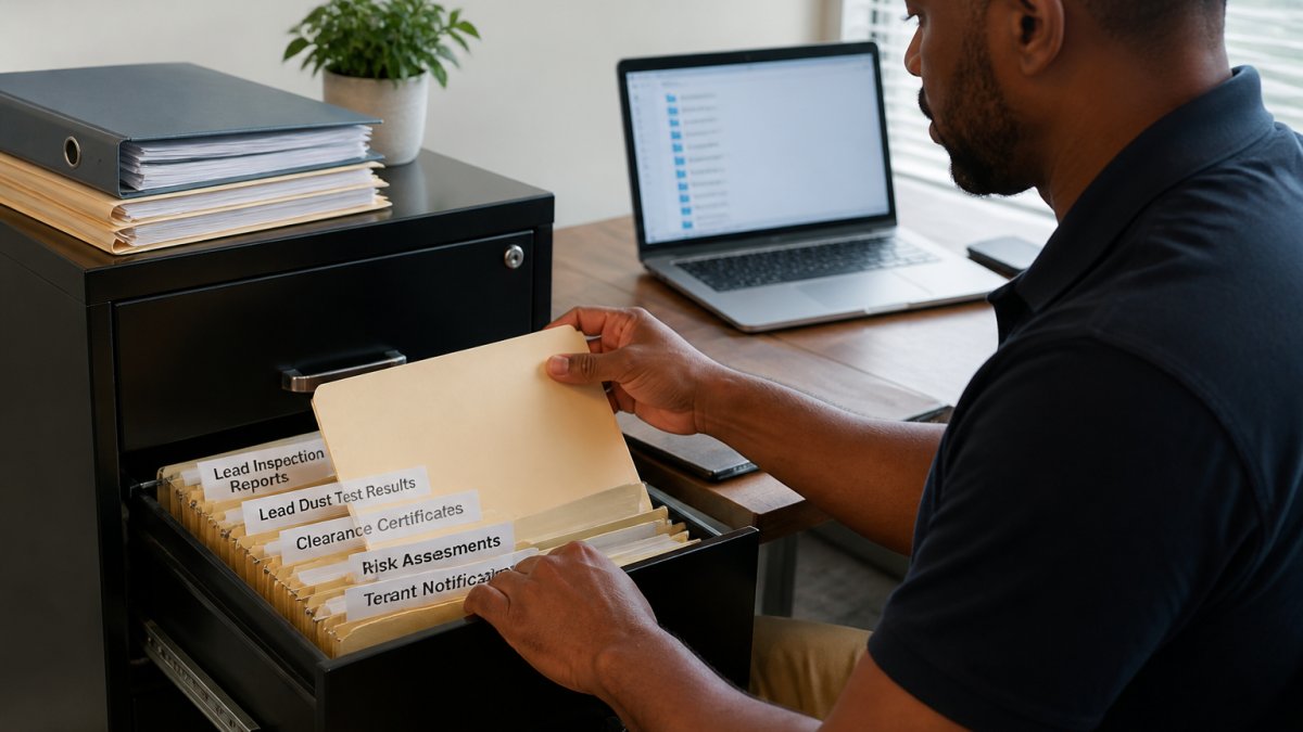 A landlord organizing lead inspection reports and certificates into a labeled filing cabinet, with a laptop open to a matching digital folder structure in the background