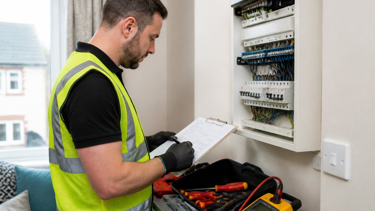 A qualified electrician in safety gear inspecting a domestic consumer unit with a clipboard and testing equipment in a rented flat