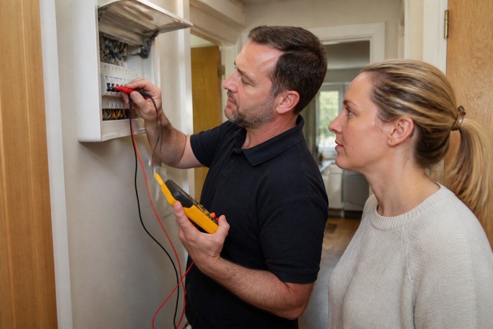 Professional electrician conducting inspection at residential fuse board, testing equipment in hand, examining circuit breakers in modern property