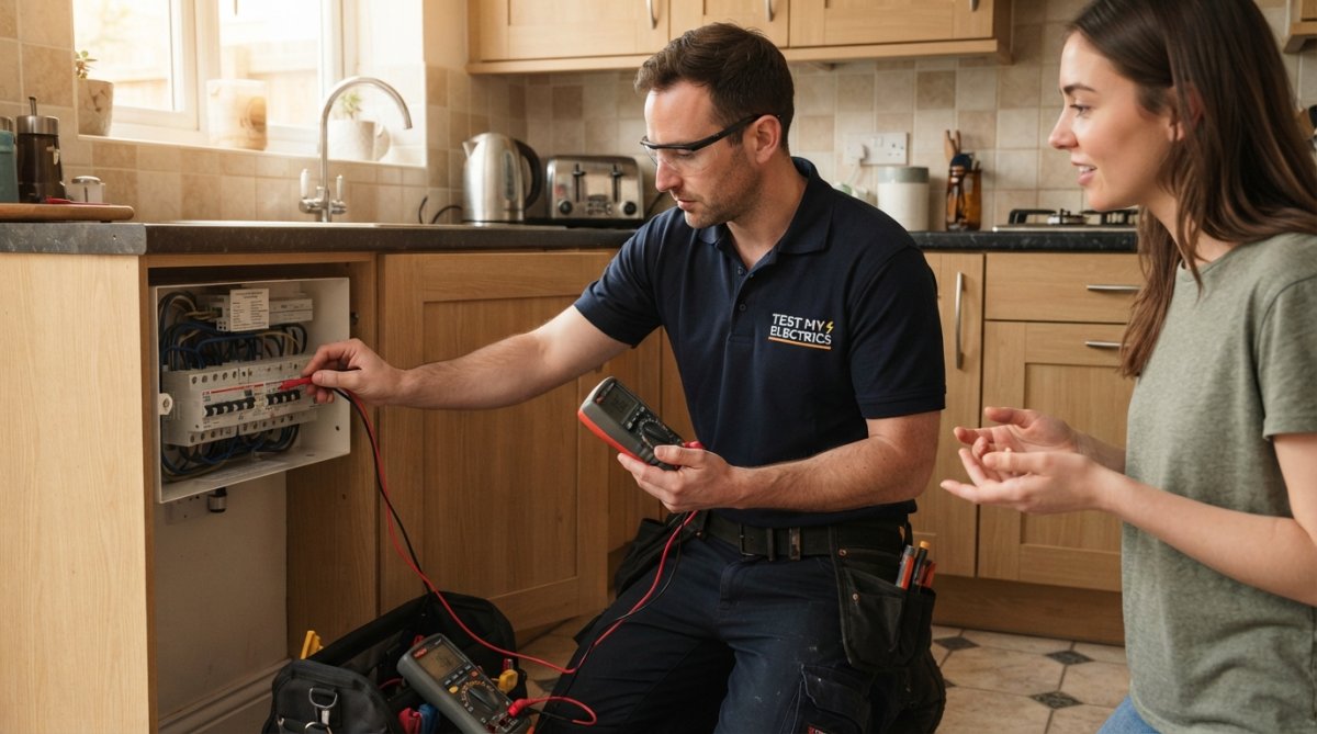 A professional electrician in workwear testing a consumer unit in a modern rental property kitchen, holding a multimeter and looking at the fuse box