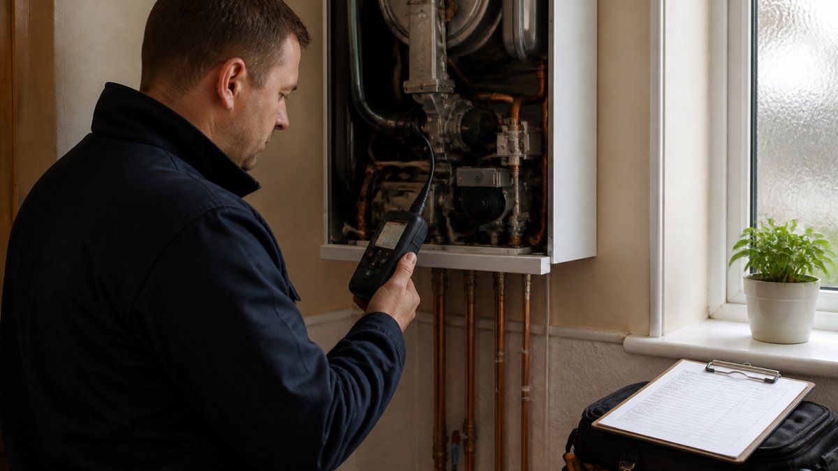 Gas Safe engineer using a flue gas analyser on a boiler during a gas safety certificate inspection in a flat.