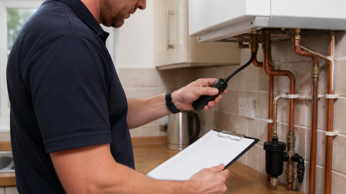 Professional gas engineer in uniform inspecting a residential boiler and gas pipework in a kitchen, holding inspection equipment and clipboard while checking connections