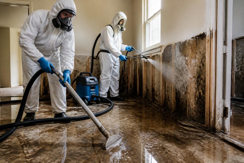 Two specialist cleaning technicians wearing full biohazard suits and respirators using industrial wet extraction equipment and spraying industrial disinfectant across contaminated flooring and lower walls in a residential property with natural light coming through a window