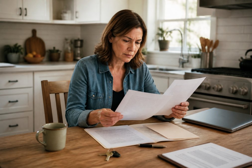 A property owner reviewing insurance documents at a kitchen table with a laptop open, a house key and lease agreement nearby, warm natural light
