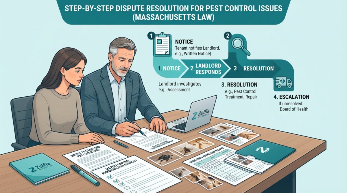 Landlord and tenant reviewing pest control documentation and inspection records at a table with photographs and notices visible