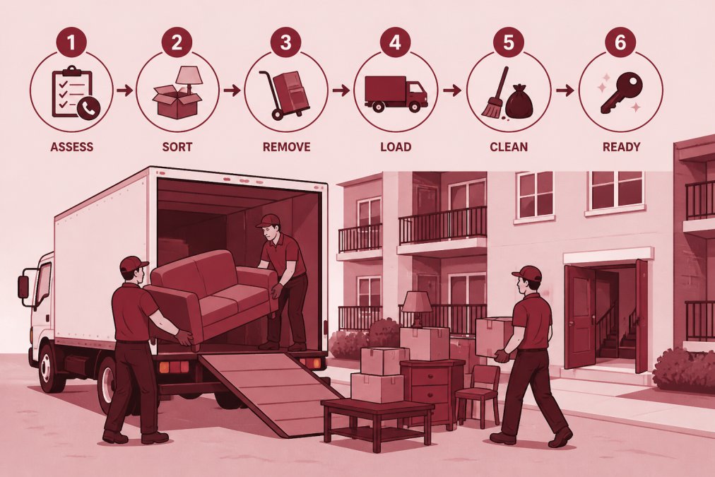 Flowchart illustrating the rental unit cleanout services process from inspection to final junk removal.