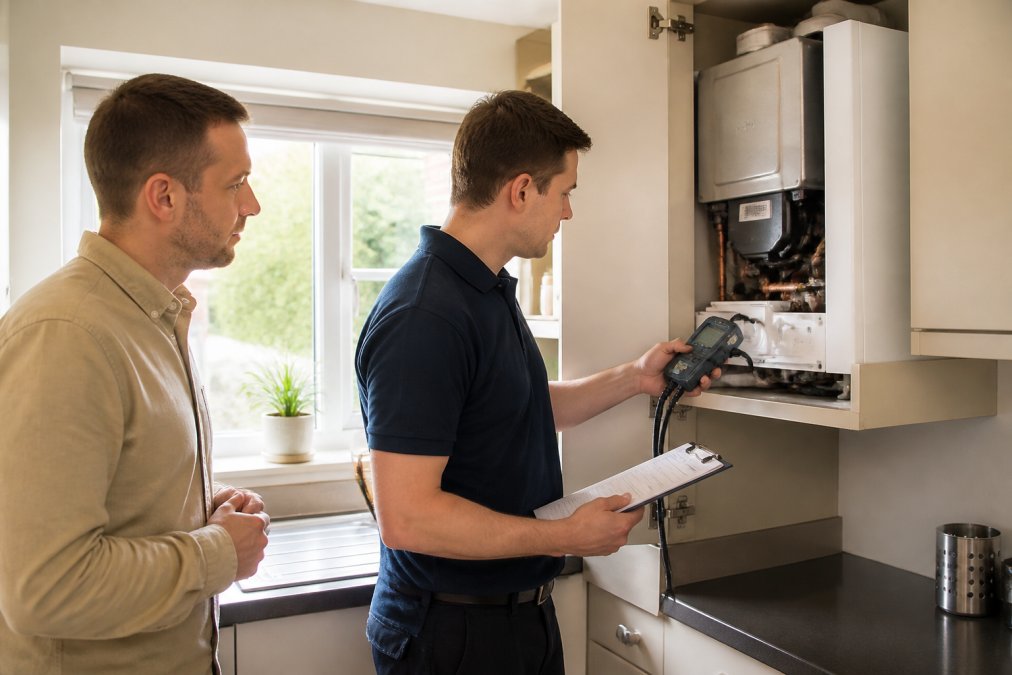 A Gas Safe registered engineer in a branded uniform inspecting a residential boiler with a clipboard and flue gas analyser, landlord standing nearby in a bright kitchen