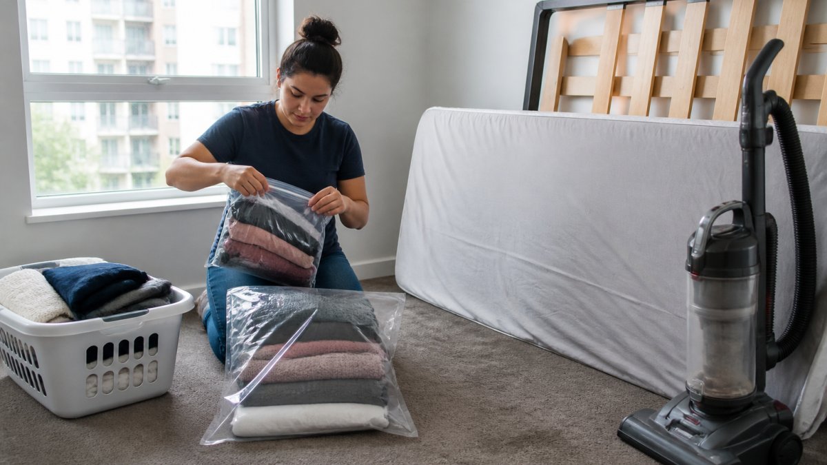 A tenant in a bright apartment bedroom placing folded clothing into sealed clear plastic bags beside a stripped mattress, with a laundry basket and upright vacuum on the floor, preparing the unit for a pest control visit