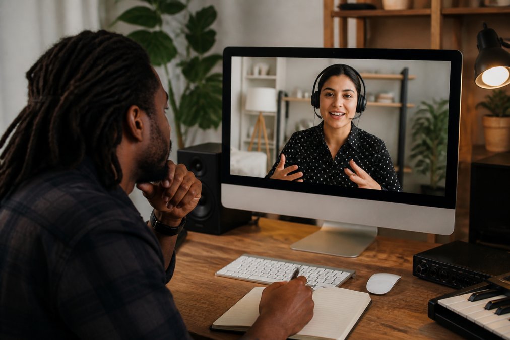Music artist or label manager on a video call with a support representative, both appearing engaged and professional in bright workspace with visible computer monitors and modern office setup