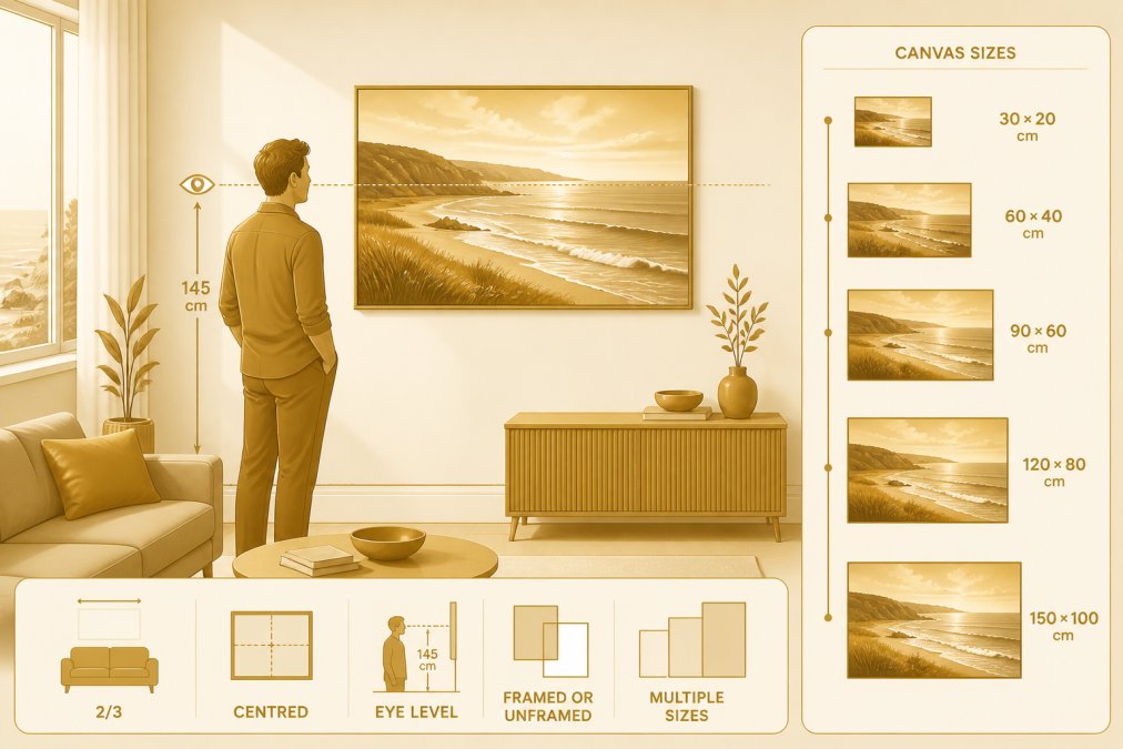 Person standing in front of a living room wall, examining a framed coastal landscape canvas print at eye level, natural daylight streaming through a window, showing how the artwork fits the space