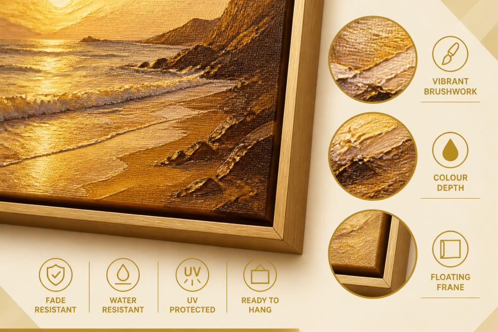 Close-up detail of a high-quality canvas print showing vibrant brushwork and colour depth, with a wooden floating frame visible, demonstrating the texture and finish quality