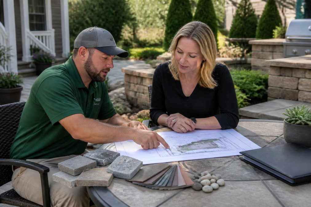 A project manager and homeowner reviewing a landscape design blueprint at a table on a patio, with material samples and a laptop nearby, natural daylight