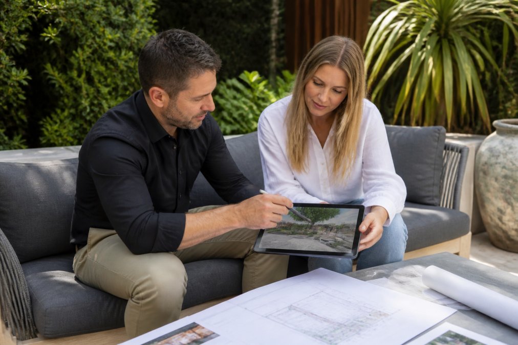 Professional landscape designer reviewing 3D site model and design plans on tablet with client in outdoor setting, natural daylight