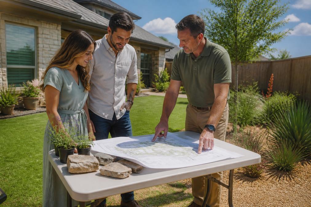 A young couple standing in their new backyard with a landscape designer, pointing at a rolled-out master plan on a folding table, native Texas plants and flagstone samples nearby