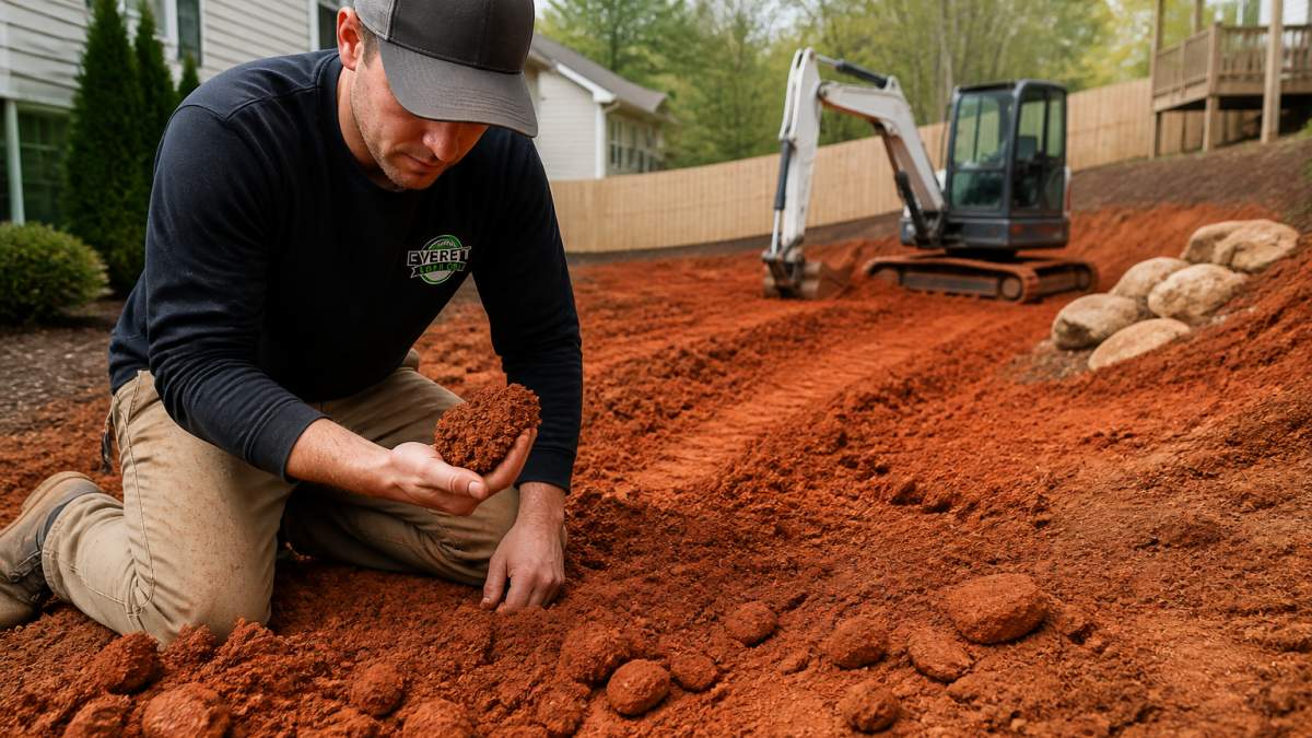 Landscaper inspecting red clay soil near an excavator to help determine landscape design cost factors.