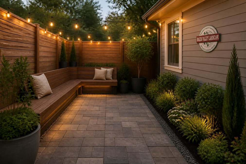 Small backyard landscape design with a stone patio, built-in wooden seating, and warm string lights at dusk.
