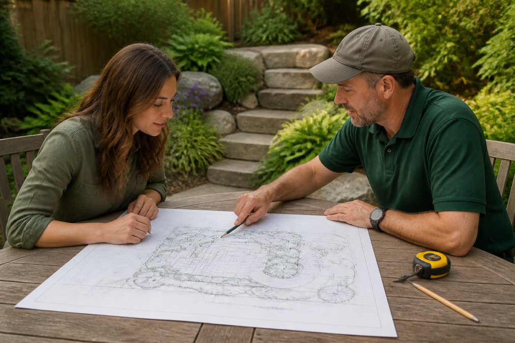 A homeowner and a landscape designer reviewing a hand-drawn landscape plan on a wooden table in a backyard, with a pencil and measuring tape nearby