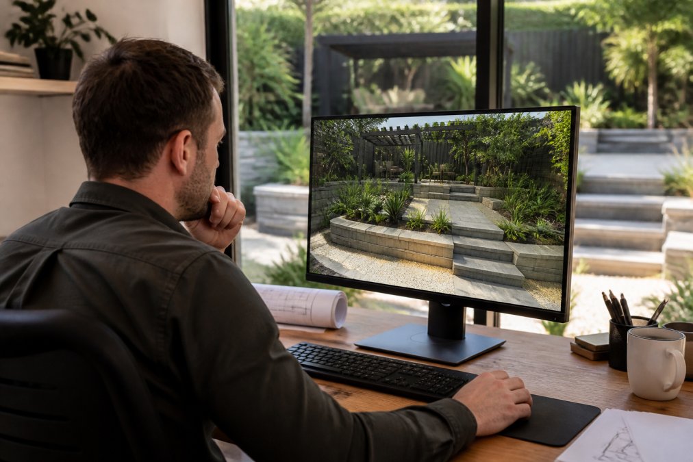 Professional landscape designer reviewing 3D digital design on computer monitor with outdoor garden area visible through window in background, showing detailed landscape rendering