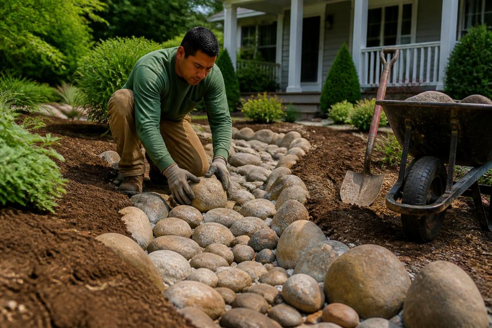 Landscaper placing river rocks in a dry creek bed for effective landscape drainage in a residential backyard.