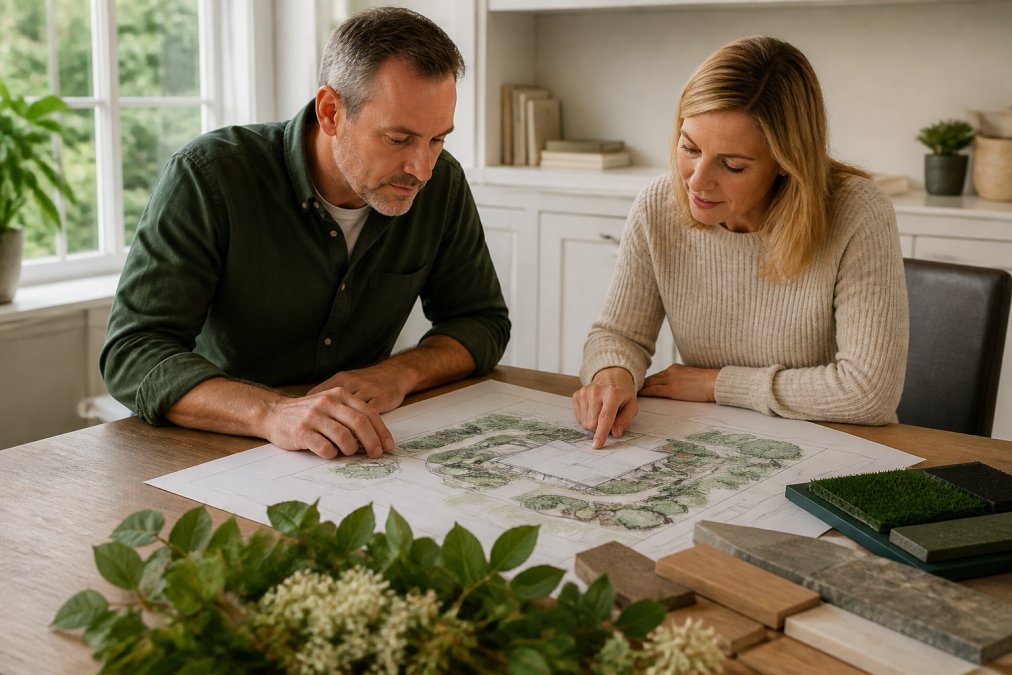 A landscape designer and a homeowner reviewing a detailed master plan drawing on a table in a bright home office, with plant samples and material swatches nearby