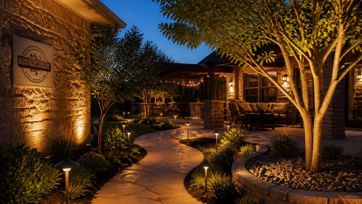 Infographic illustrating landscape lighting techniques for paths, stone facades, and patio seating areas at dusk.
