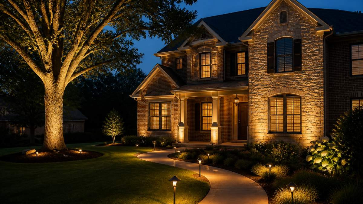 Warmly lit two-story home at dusk featuring landscape lighting on a large oak tree, walkway, and stone facade.
