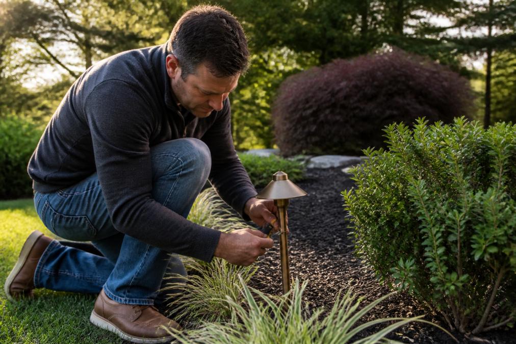 A homeowner in casual clothes kneeling beside a garden bed, inspecting a low-voltage brass path light with a small hand tool, green shrubs and mulch visible, soft late-afternoon light