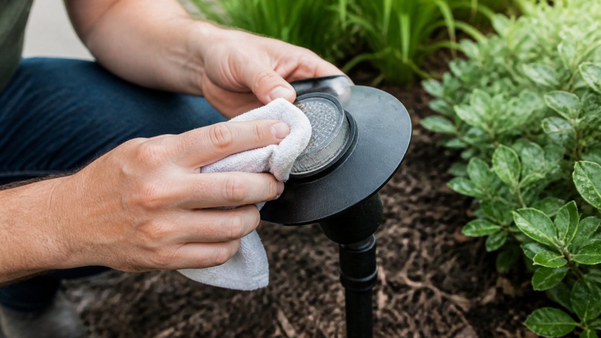 Close-up of hands using a soft cloth and mild soapy water to clean the lens of a low-voltage landscape path light in a garden bed, with mulch and green plants visible in the background