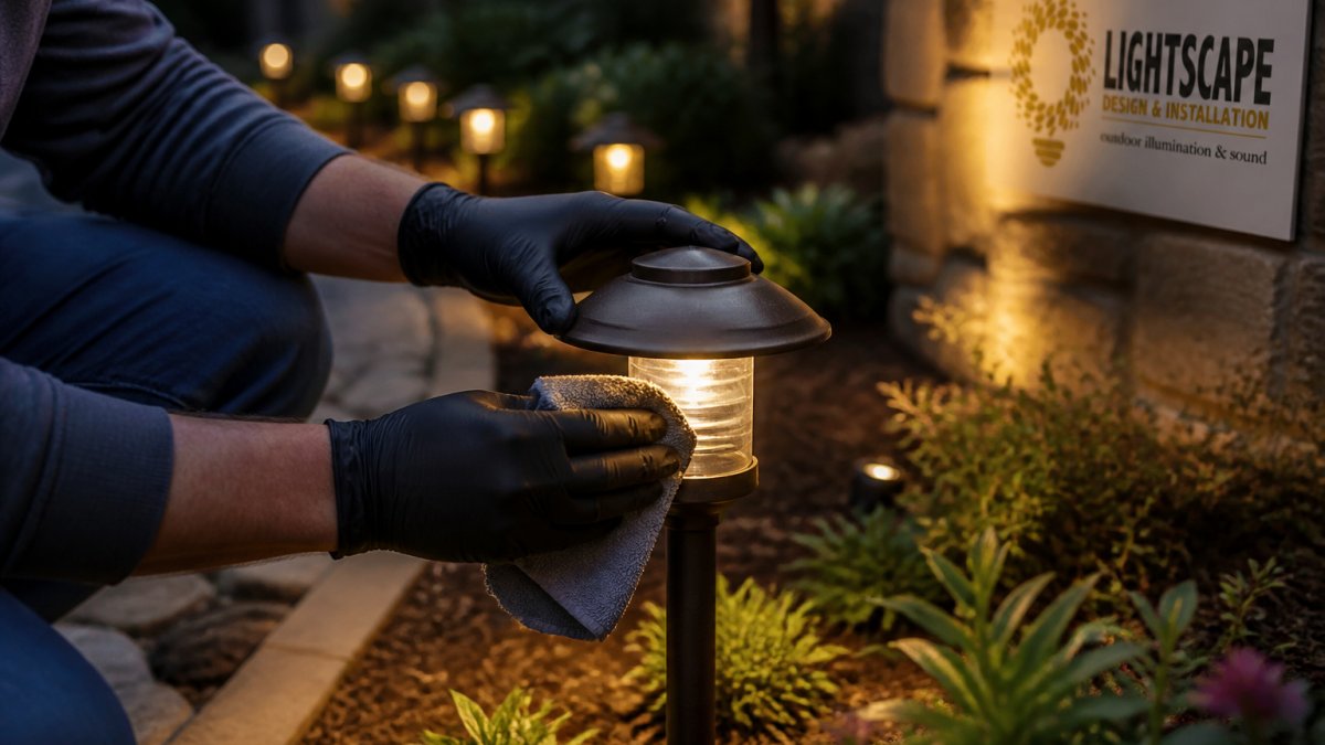 Close-up of a homeowner's gloved hands wiping the lens and trim of a low-voltage path light with a microfiber cloth in a landscaped garden bed at dusk, soft ambient light, other fixtures glowing in the background