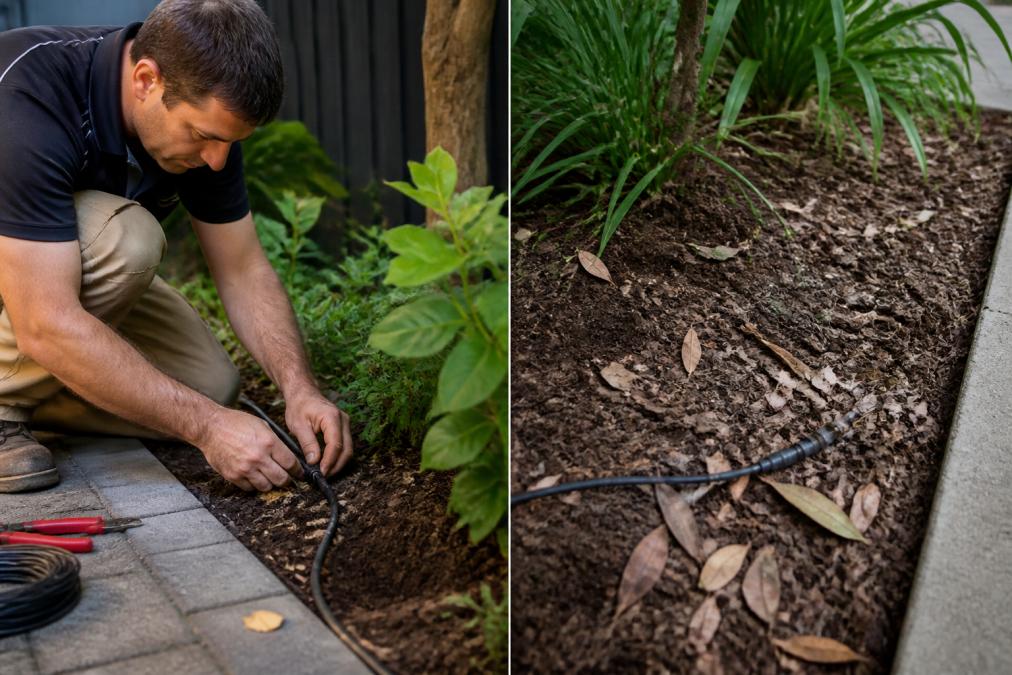 Qualified technician carefully routing low-voltage cable through established garden beds, demonstrating proper cable protection and positioning techniques to avoid future damage during garden maintenance