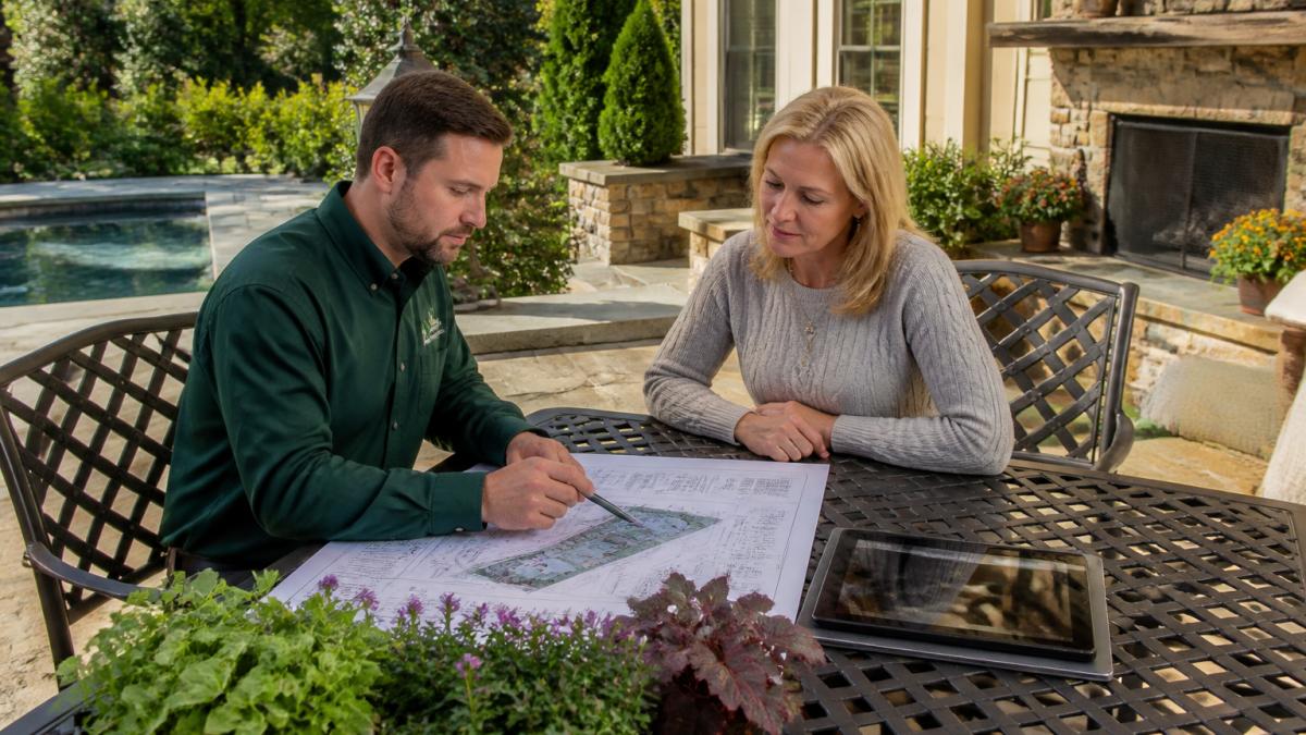 A landscape project manager and a homeowner reviewing a printed procurement plan on a patio table, with plant samples and a tablet showing a site layout nearby