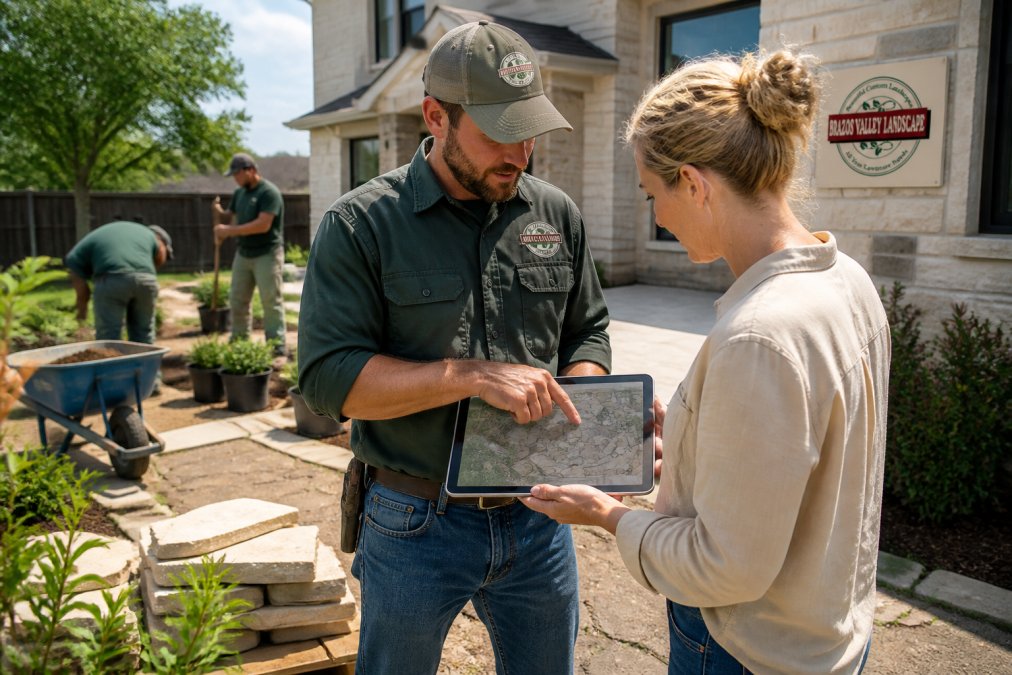Landscape contractor and client reviewing a patio plan on a tablet to improve landscape project communication.