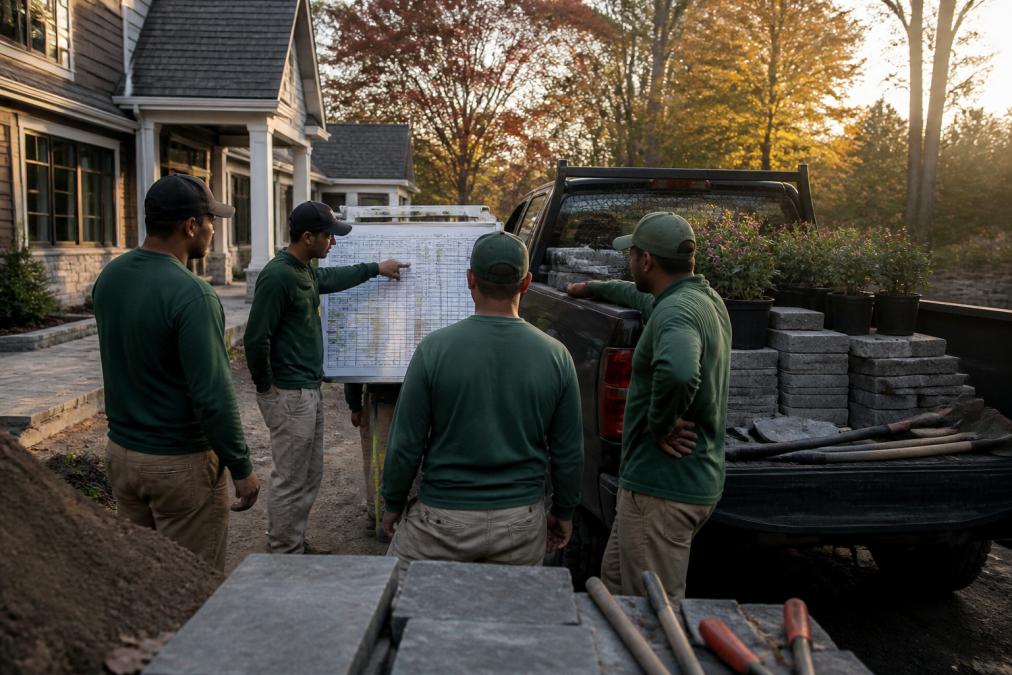 Landscaping crew reviewing a daily schedule board at a residential job site during morning light
