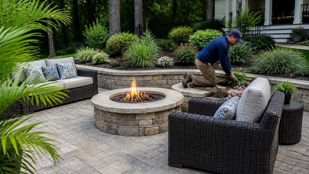 Finished patio with stone pavers, comfortable seating arrangement, and surrounding landscape plantings creating an outdoor entertainment space