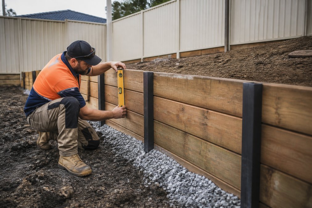 A landscaper Mount Druitt professional checks the alignment of a timber sleeper retaining wall with drainage gravel.