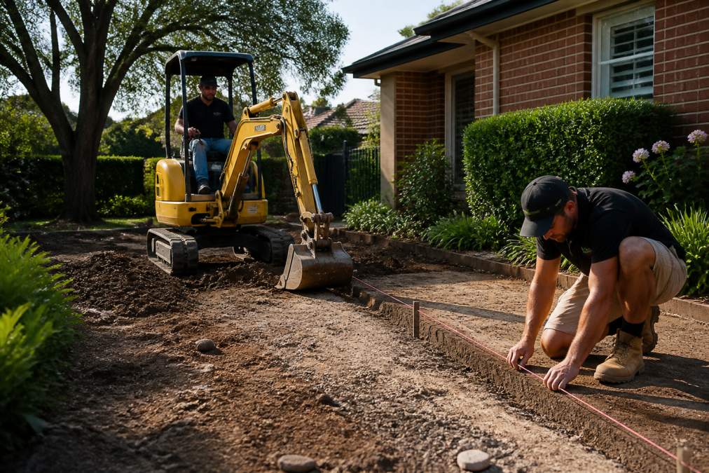 A landscaping team on a residential site in suburban Sydney, one worker operating a small excavator while another marks out a paved path, with a brick home and established garden beds in the background