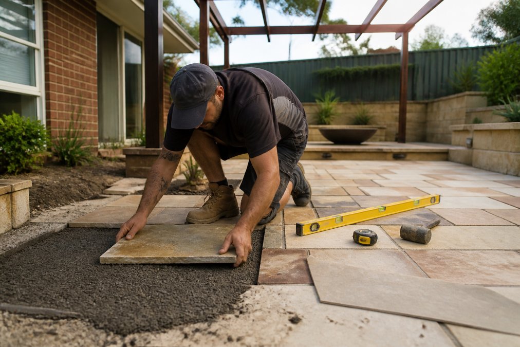 A landscaper St Marys professional lays sandstone pavers for a backyard patio project with a pergola nearby.