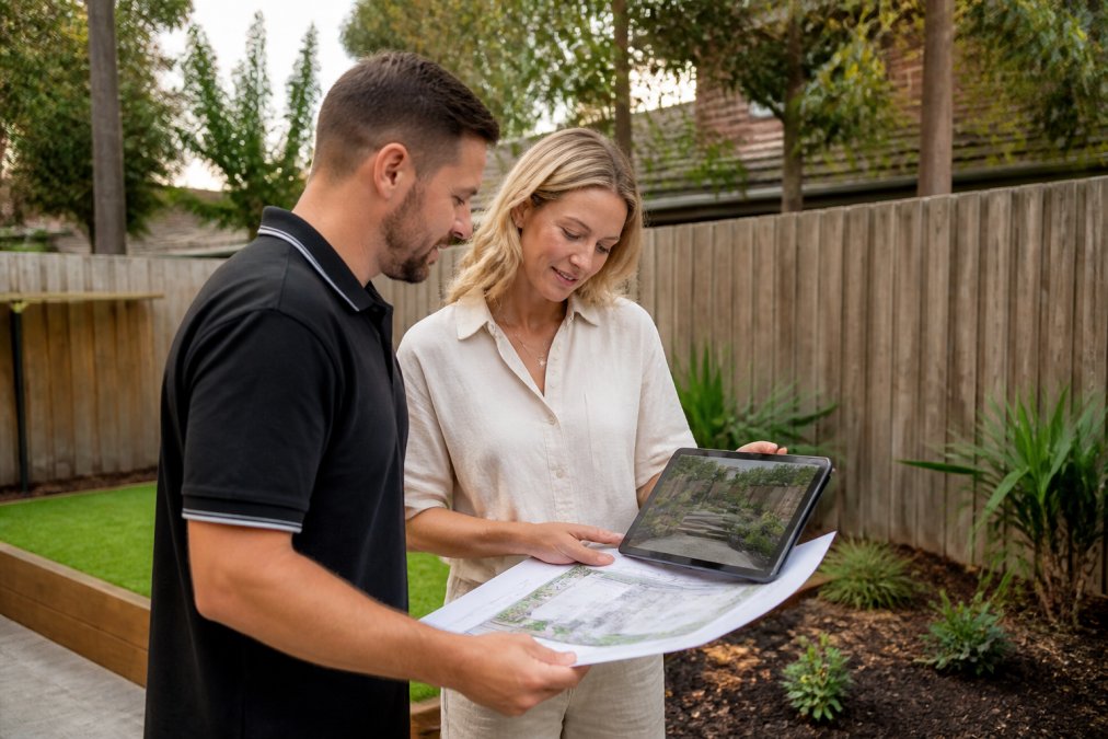 Landscaper Sydney reviewing 3D garden design plans with a homeowner in a suburban backyard process flow