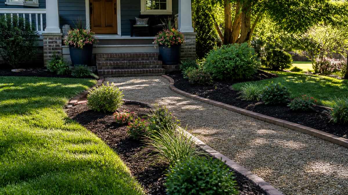Neatly maintained front yard with fresh dark mulch in defined planting beds, seasonal container plants flanking the front porch steps, clean gravel pathway leading to entrance, morning sunlight casting shadows across the landscape