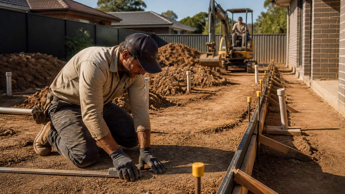 Landscapers in workwear preparing ground levels on a residential backyard site, with excavation equipment and timber concrete formwork visible in the background under clear afternoon light