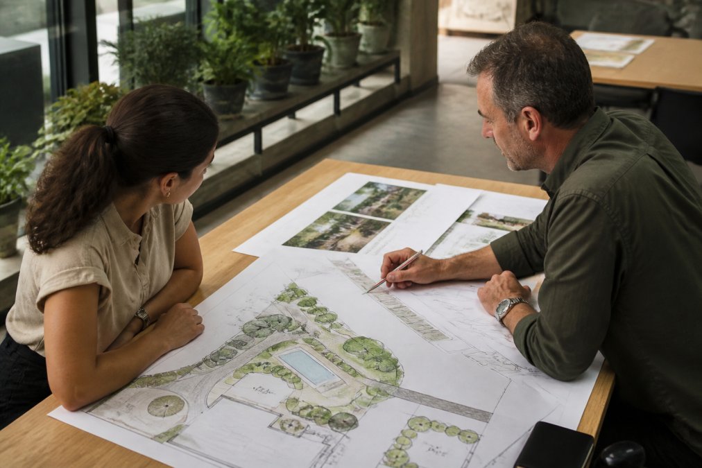 Landscape designer reviewing detailed site plans and 3D model rendering on computer screen with client in modern office setting