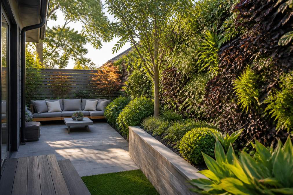 A professionally designed compact backyard with a defined seating area, a vertical garden wall, and layered plantings of varying heights to create depth, photographed in warm late-afternoon light